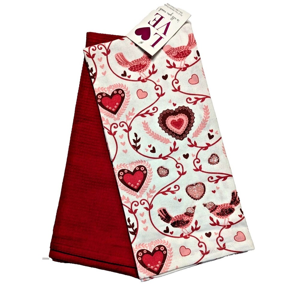 Love is All You Need Kitchen Towels 2-Pc Red Beaded Birds Hearts Valentine Gift